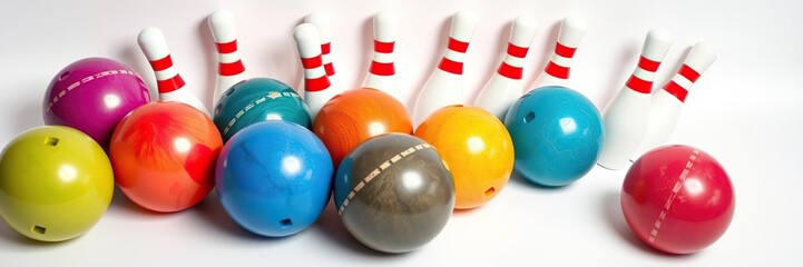 A collection of brightly colored bowling balls and shiny pins set against a white background, perfect for sports-related designs or concepts, spare