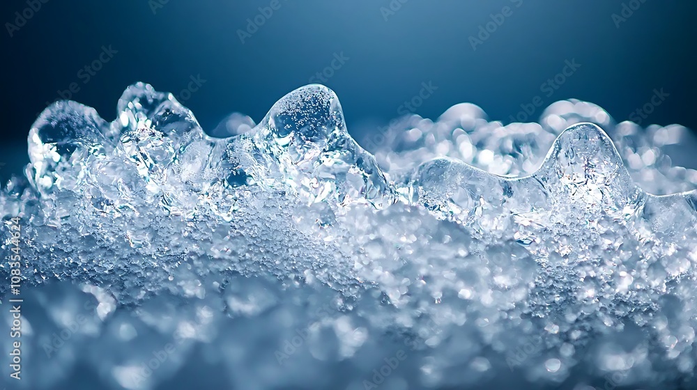 Poster close-up of ice bubbles and intricate crystal structures with soft blue background highlighting natu