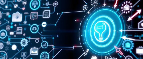 Obraz premium A Futuristic Digital Concept Illustrating Target Achievement with Icons, Gears, and Arrows for Use in Business and Technology Presentations