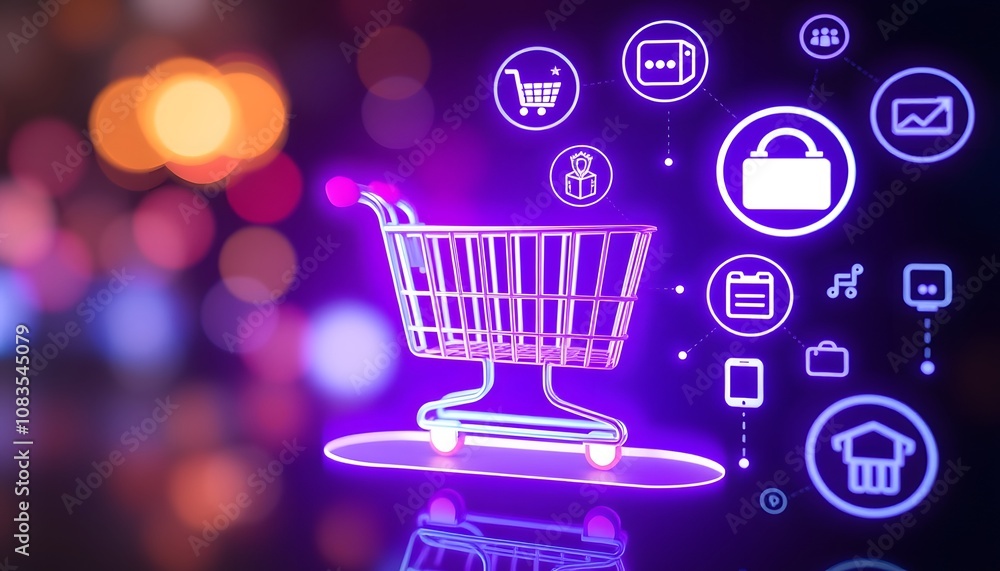 Aufkleber a futuristic glowing hologram displaying a shopping cart surrounded by e-commerce icons to represent