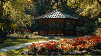 Wooden Gazebo in a Lush Garden Setting