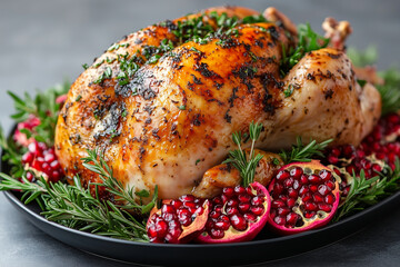 A minimalist presentation of a baked turkey on a matte black platter, surrounded by fresh rosemary and sliced pomegranates for a striking contrast. The background is modern and sle