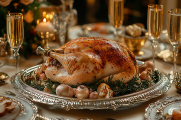 A lavish holiday dinner setup with a turkey on a silver tray, paired with champagne glasses, opulent table settings, and warm golden lighting for an elegant vibe