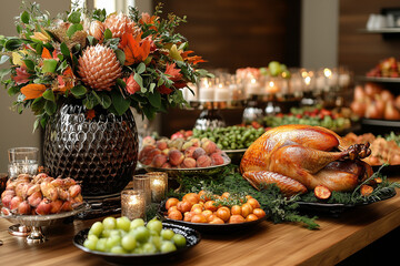 A festive buffet table featuring a carved baked turkey, beautifully arranged platters of sides, and a decorative centerpiece of autumn leaves and candles