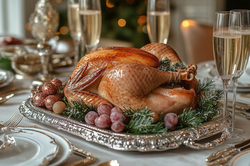 A lavish holiday dinner setup with a turkey on a silver tray, paired with champagne glasses, opulent table settings, and warm golden lighting for an elegant vibe