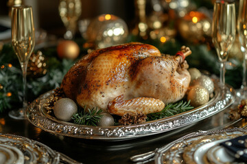 A lavish holiday dinner setup with a turkey on a silver tray, paired with champagne glasses, opulent table settings, and warm golden lighting for an elegant vibe