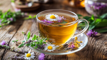 A cup of tea made with a blend of wild flowers and herbs.