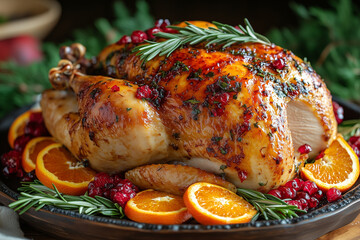 A close-up of a turkey with glistening skin and caramelized edges, garnished with fresh rosemary and orange slices, sitting on a platter with rustic wooden textures