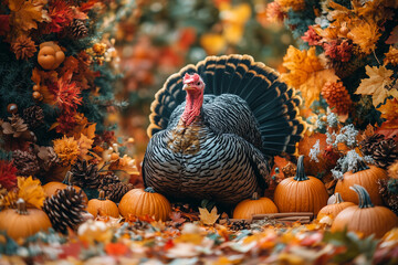 A golden-brown turkey surrounded by fall decorations like miniature pumpkins, colorful leaves, and cinnamon sticks, with a cozy, festive background