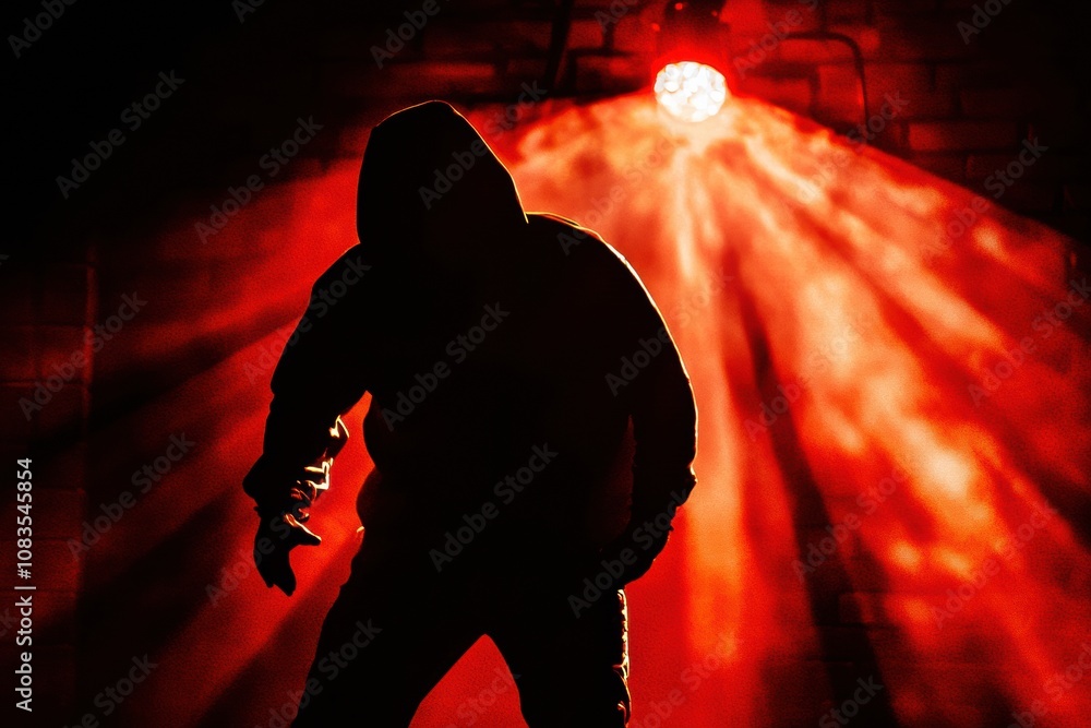 Poster a dark figure in a hoodie stands poised, highlighted by red light in an alley, suggesting stealth an