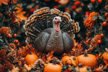 A golden-brown turkey surrounded by fall decorations like miniature pumpkins, colorful leaves, and cinnamon sticks, with a cozy, festive background