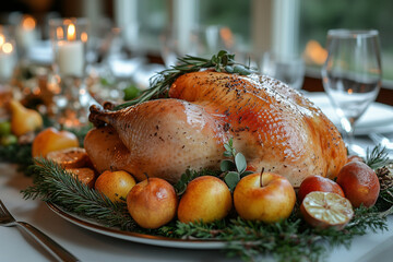 A baked turkey presented on a long banquet table, surrounded by seasonal decorations like pine branches, candles, and a centerpiece of golden pears