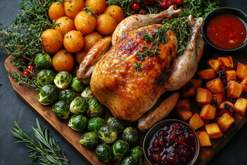 An overhead shot of a turkey on a serving board, surrounded by an assortment of colorful sides like roasted Brussels sprouts, candied yams, and cranberry chutney