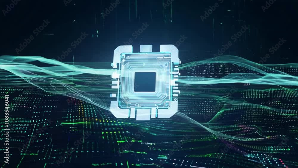 Poster futuristic microchip design exploring digital waves, data patterns, and innovative technology in ele