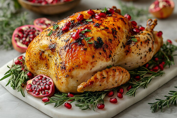 A vibrant food photography shot of a turkey on a white marble platter, accompanied by pomegranate seeds, fresh herbs, and a drizzle of glossy, golden glaze