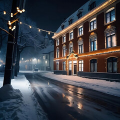 Fototapeta premium Festively decorated city street, glowing lights, winter evening atmosphere, cozy holiday spirit