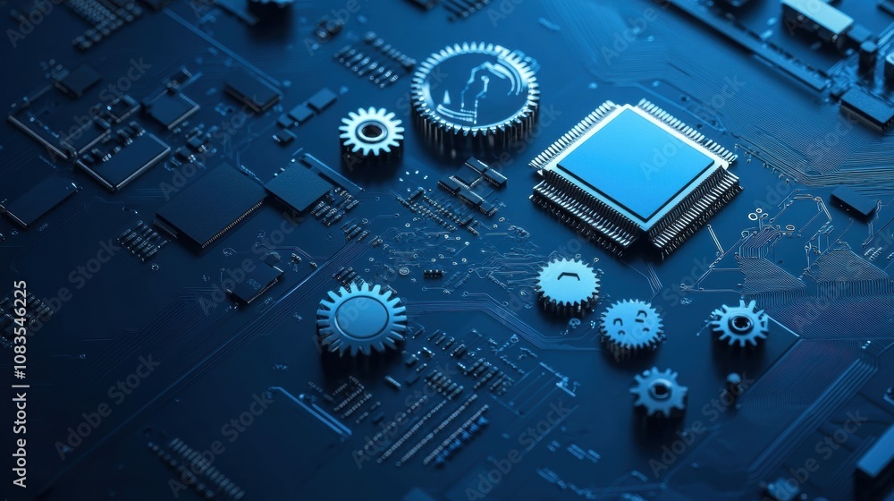 Poster this close-up features gears and a microprocessor arranged on a circuit board, highlighting complex 