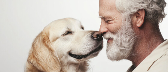 Elderly Dog Love Concept. A smiling elderly man shares a joyful moment with his affectionate golden retriever, showcasing deep companionship and warmth.