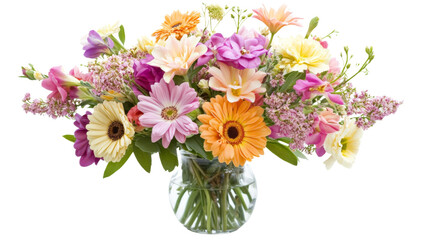 Obraz premium A vibrant bouquet featuring a variety of colorful flowers arranged artfully in a clear glass vase.