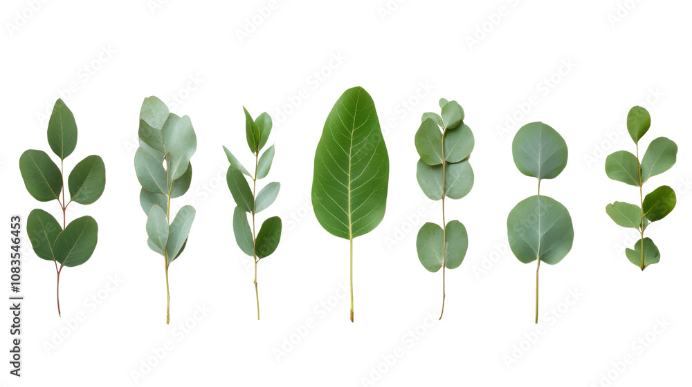 Poster a collection of various green leaves showcasing different shapes, sizes, and textures arranged in a 