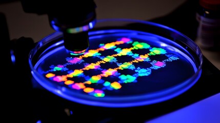 Microscope displaying intricate genetic modification process, symbolizing advanced scientific research and potential for biotechnology breakthroughs.