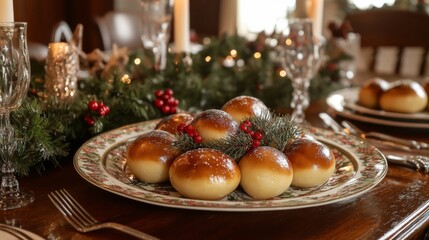 Christmas Dinner Table Setting with Glazed Bread Rolls