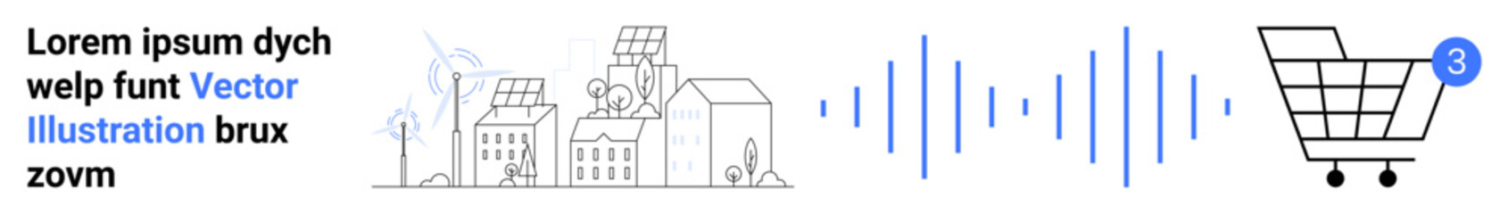 Fototapeta premium Cityscape with solar panels and wind turbines, sound waves, and a shopping cart icon with notification. Ideal for technology, sustainability, renewable energy, smart cities, digital communication