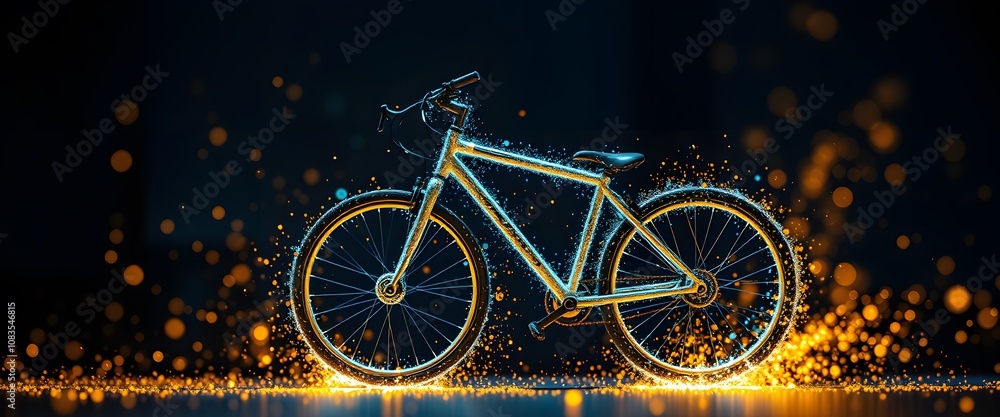 Poster a vibrant bicycle transforming into particles with glowing effects for abstract visual artwork