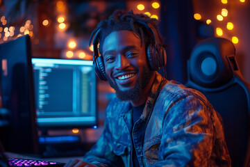 Obraz premium Illustration of a radio host sitting behind a desk with headphones and a microphone, smiling at a computer screen while speaking into the microphone