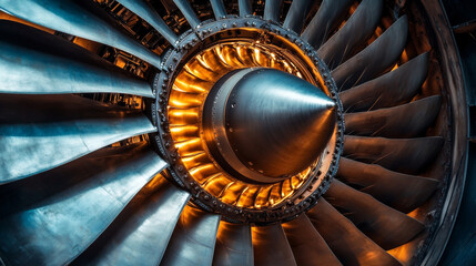 A detailed picture of the spinning blades inside a jet engine.