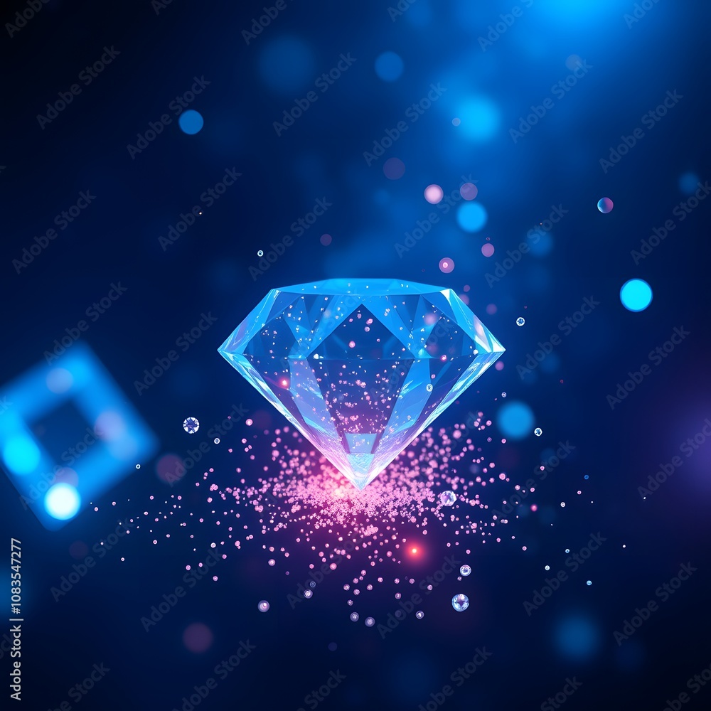 Poster A Vivid Diamond Disintegrating into Particles with Glowing Effects, Perfect for Illustrating Transformations in Abstract Art or Advertising Concepts