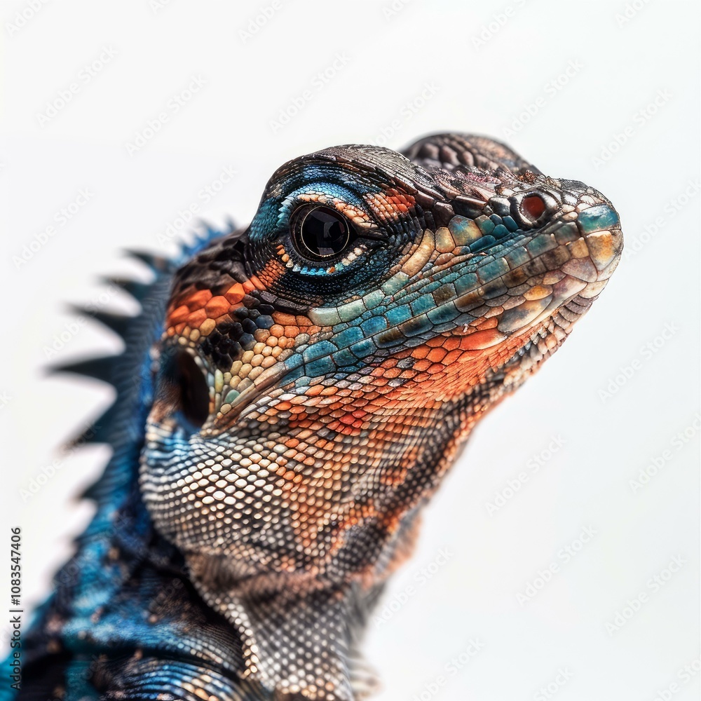 Poster close up of a vibrant lizard showcasing its intricate scale patterns against a clean white backdrop