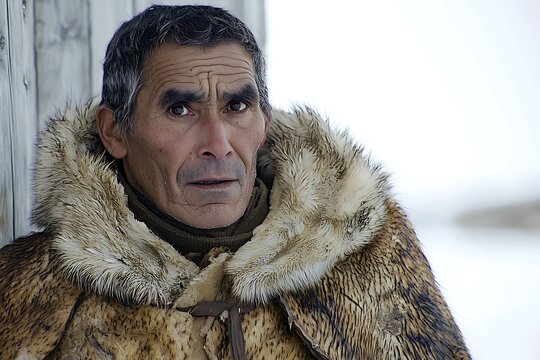 Portrait of an Indigenous Man Wearing a Fur Coat in the Arctic.