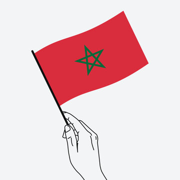 recommend clip art: Hand holding Morocco flag in line art drawing style. Morocco hand Flag waving. Vector illustration