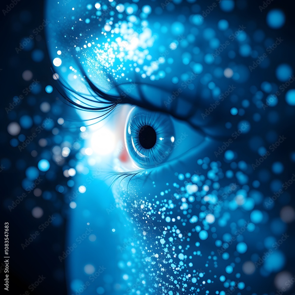 Poster A Captivating Visual of a Vigorous Eye Dissolving and Disappearing into Glowing Particles; Perfect for Creative Projects and Abstract Art Representations