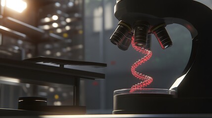 Microscope displaying intricate genetic modification process, symbolizing advanced scientific research and potential for biotechnology breakthroughs.
