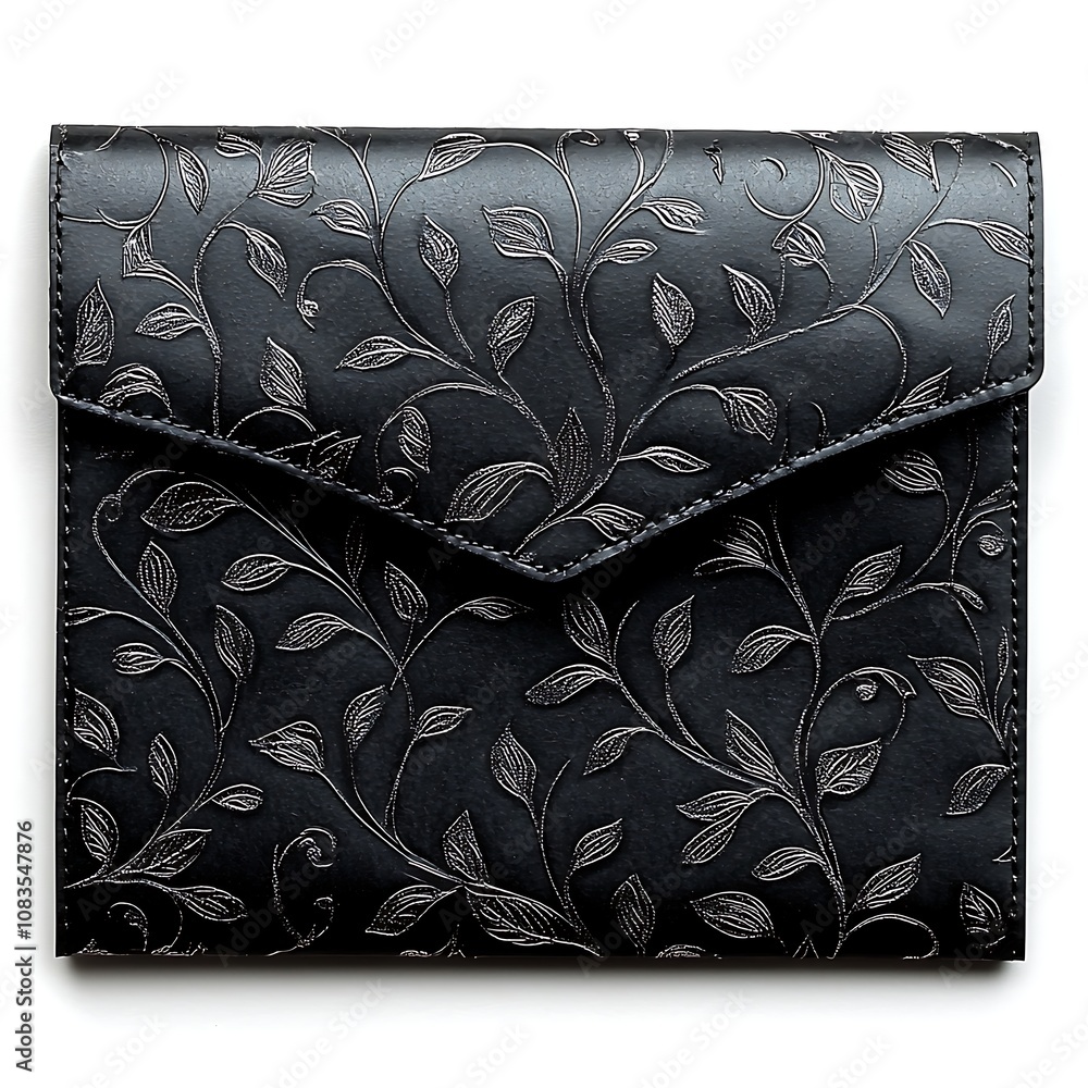Poster elegant black envelope with intricate leaf design ideal for invitations and correspondence, featurin