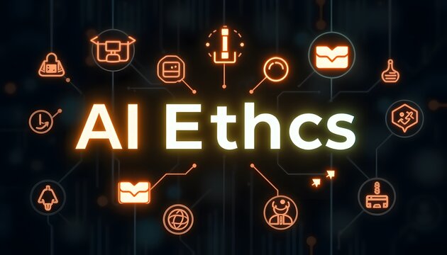 Exploring the Ethical Implications of AI: A Conceptual Image Featuring Digital Icons Representing AI Ethics for Educational and Informative Purposes