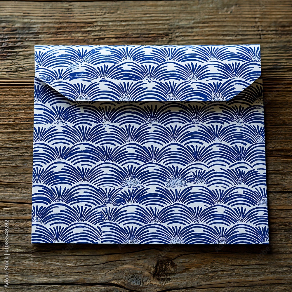 Poster stylish blue and white envelope with wave pattern on rustic wooden background for creative design an