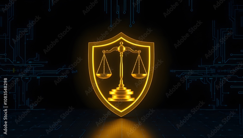 Aufkleber 3d rendering of an ai legal bot featuring scales of justice encased in a shield symbol on a dark dig