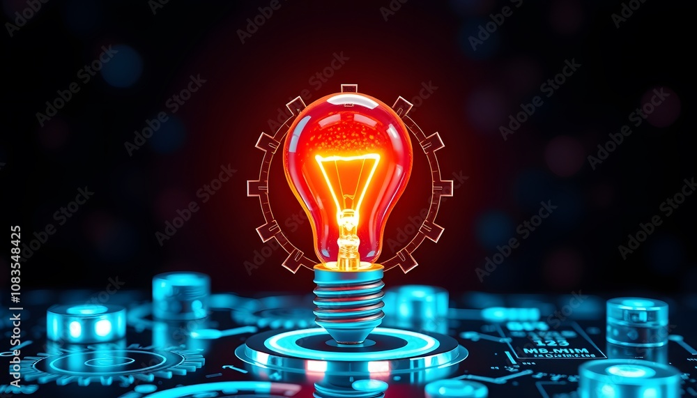Poster innovative b2b hologram concept featuring gears and lightbulbs representing e-commerce solutions and