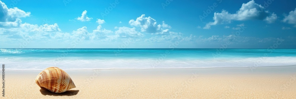 Poster soft sands cradle a single seashell, as azure waves lap gently on a peaceful beach beneath a bright 
