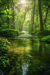 Obraz premium Lush Green Forest with Sun-Dappled Canopy: A Serene Display of Oxygen-Producing Nature’s Vital Role