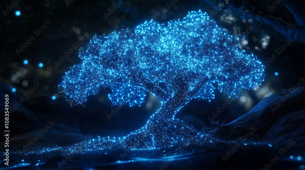 Poster a futuristic blue tree made of geometric shapes, representing the complex world of data and how ever