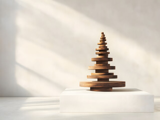 Elegant Wooden Sculpture in Minimalist Setting with Soft Light and Subtle Shadows, Capturing Calmness and Artistic Design for Modern Interiors