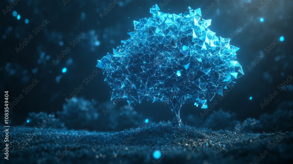 Poster a futuristic blue tree made of geometric shapes, representing the complex world of data and how ever