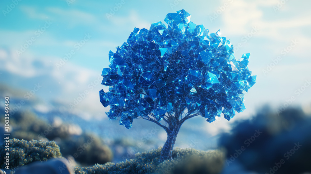 Poster a futuristic blue tree made of geometric shapes, representing the complex world of data and how ever