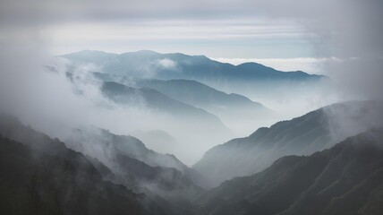 wonder of nature high angle view of a foggy  cloudy forest and mountains
