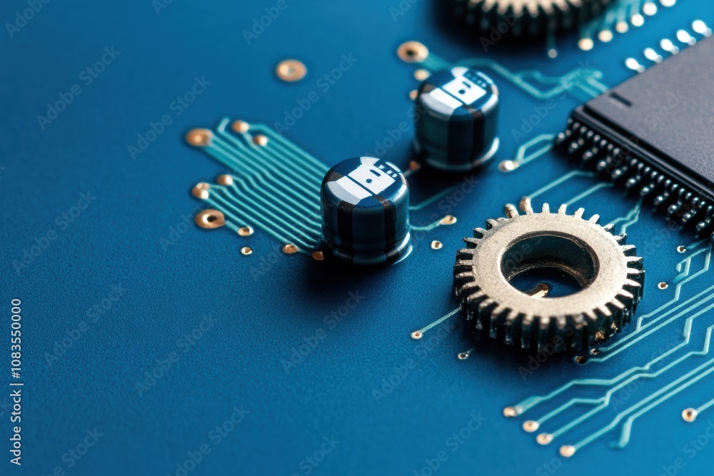 Leinwandbilder a close-up of gears and a microprocessor on a vibrant blue circuit board, showcasing intricate elect