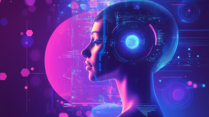 Obraz premium A futuristic design showing a hair treatment. It uses geometric shapes and shows a medical process (like mesotherapy or PRP) to make hair grow.